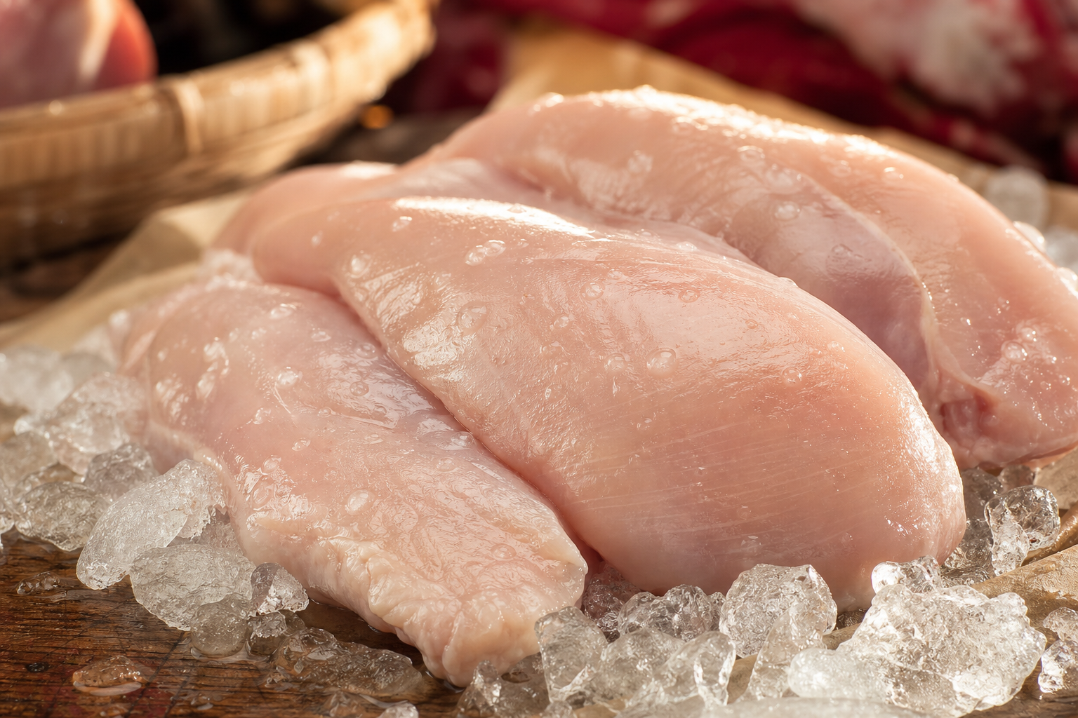 Fresh chicken on ice, close up
