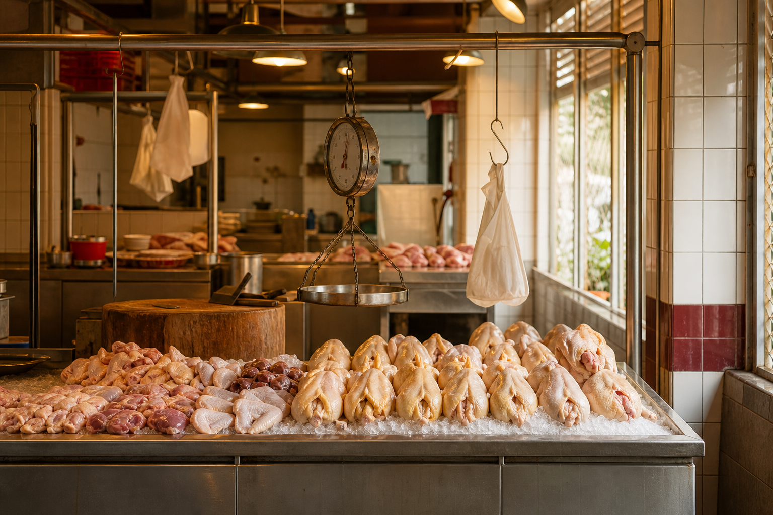 The Ah Ma Meat Stall poultry counter at the wet market